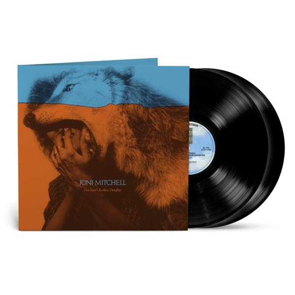 Joni Mitchell album borítója. Kék és narancssárga osztott kép egy farkasról és egy emberi arcról.