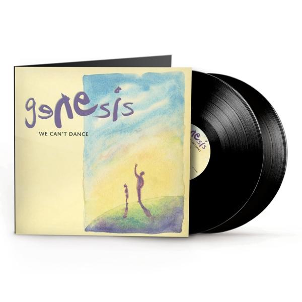 A Genesis "We Can't Dance" című albumának borítója. Két fekete bakelit lemezt és egy színes égbolt alatt álló figurákat ábrázoló borítót tartalmaz.