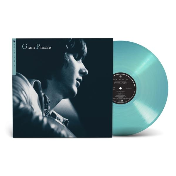 Vinil lemez, Gram Parsons album borítója, türkiz vinil. Fehér háttér.