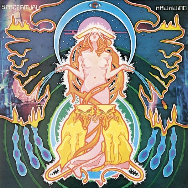 Albumcover-Kunst. Frau mit ausgestreckten Armen, bunter Hintergrund mit Flammen und blauem Bogen.