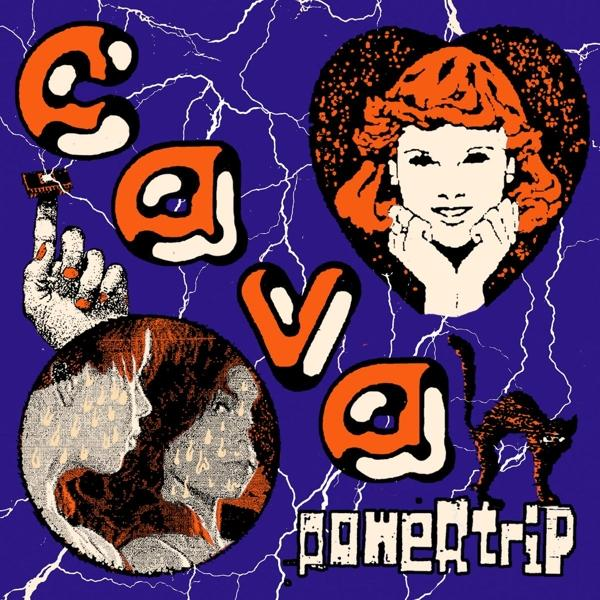Albumcover mit verschiedenen Grafiken: Hand, Frau, Katze und Text 'Cava' und 'Powertrip' auf blauem Hintergrund.