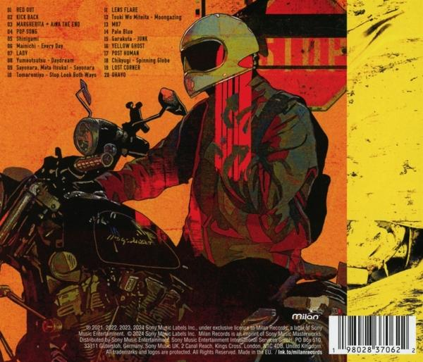 Albumcover mit einer Person auf einem Motorrad. Text und Titelliste werden gezeigt.