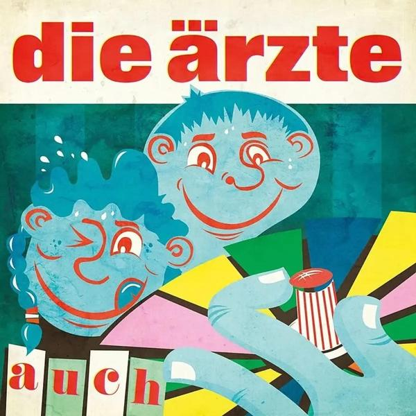 Albumcover-Kunst von zwei Cartoon-Gesichtern und einer Cartoon-Hand, die einen rot-weißen Gegenstand hält.