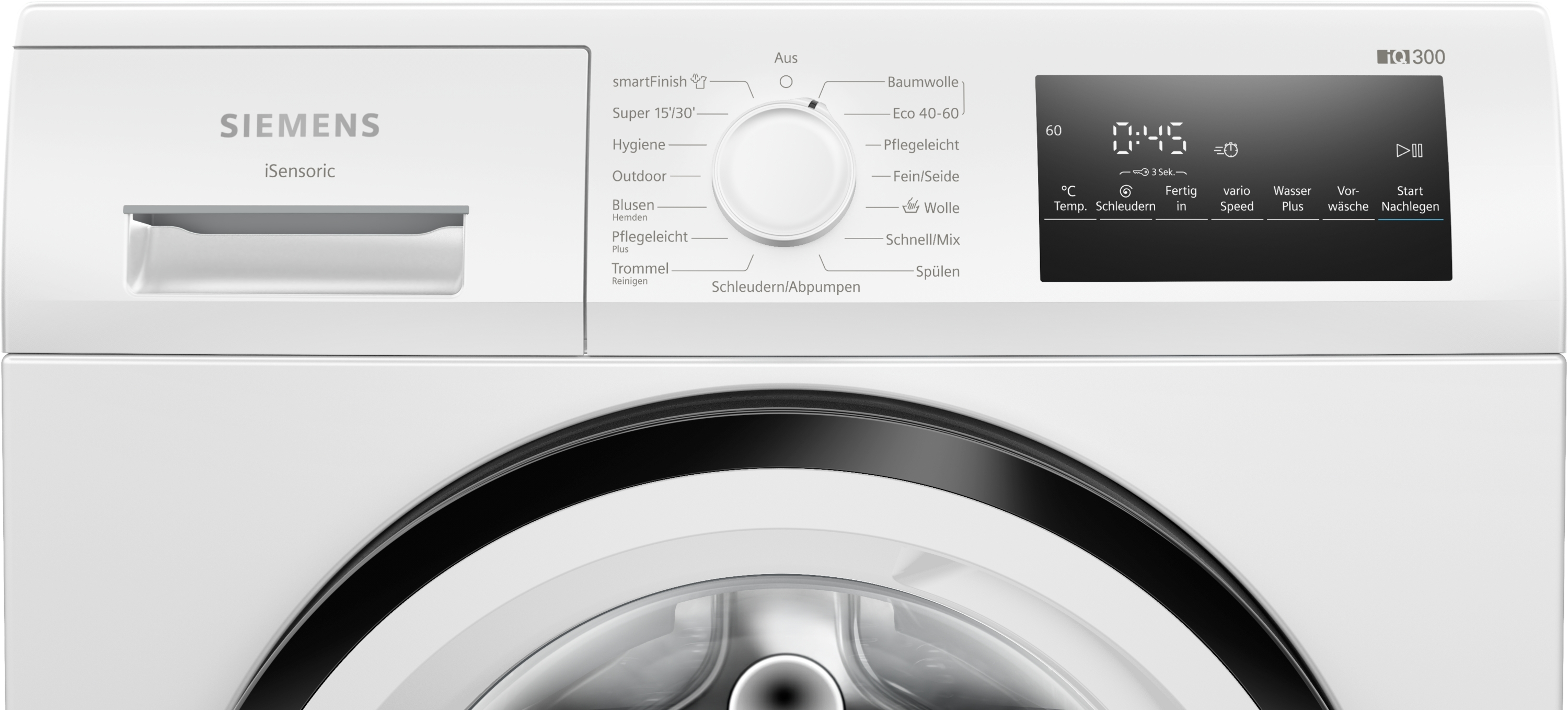 Nahaufnahme des Bedienfelds einer weißen Siemens Waschmaschine mit Knöpfen und Digitalanzeige.
