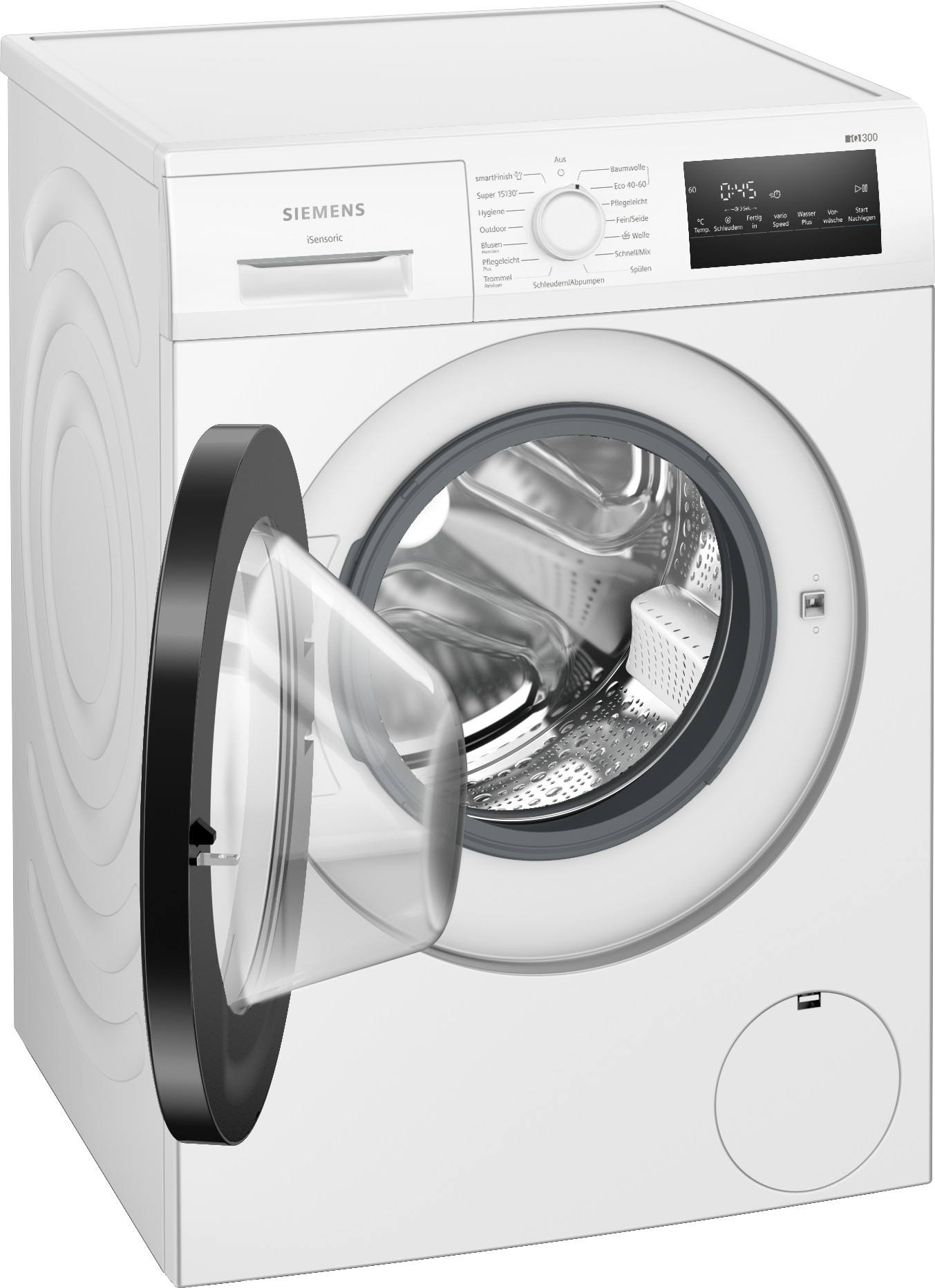 Eine weiße Waschmaschine mit offener Tür, die Trommel zeigt, und Bedienfeld oben.