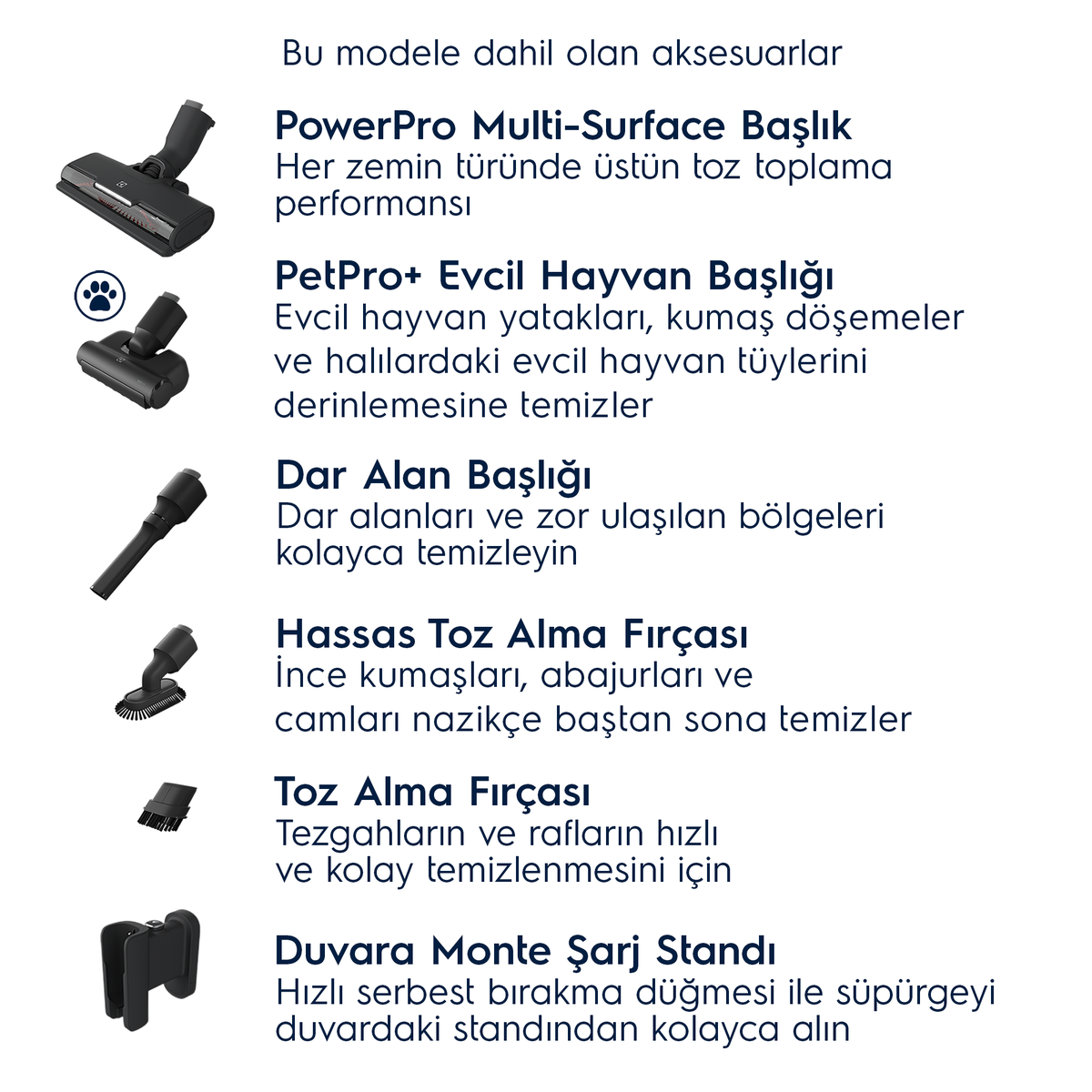 Açıklamalarıyla birlikte elektrikli süpürge aksesuarlarını listeleyen metin. Fırça başlıkları ve stand içerir.