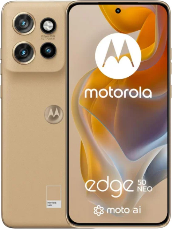 Telefon Motorola Edge 50 Neo, złoty kolor, z potrójnym aparatem i logo Motorola z boku.