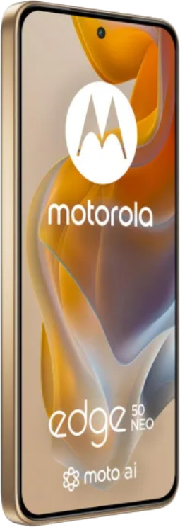Złoty smartfon, Motorola Edge 50 Neo, widok pod kątem. Białe tło.