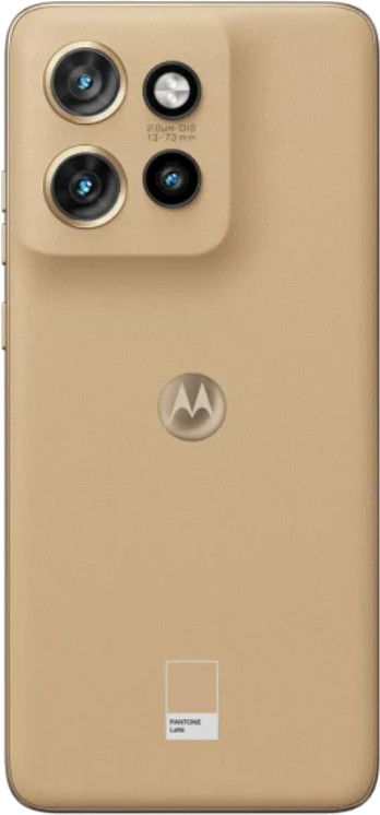 Złoty telefon Motorola, widok z tyłu, z aparatem i logo.