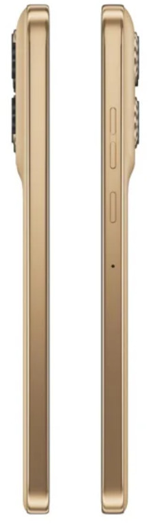 Złoty telefon, widok z boku. Przyciski i aparat widoczne, telefon jest elegancki i nowoczesny.