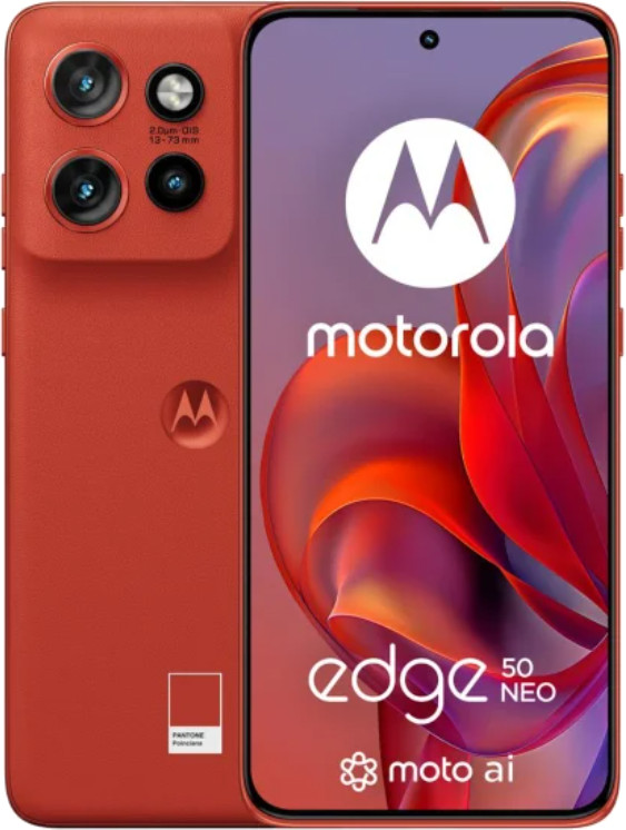 Czerwony smartfon Motorola Edge 50 Neo z trzema aparatami i dużym ekranem.