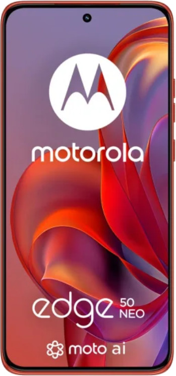 Telefon Motorola Edge 50 Neo. Czerwona ramka, biały tekst na ekranie i logo Motorola u góry.