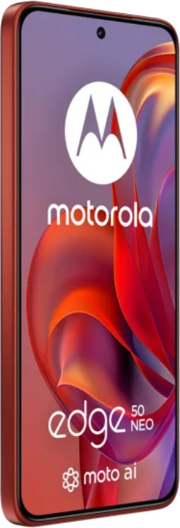Telefon Motorola Edge 50 Neo, czerwona obudowa, z logo Motorola i nazwą modelu wyświetlaną na ekranie.