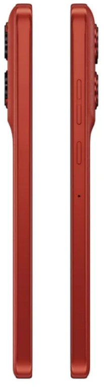 Dwa boki czerwonego telefonu, pokazujące aparat, przyciski i ramkę telefonu na czarnym tle.