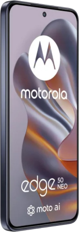 Telefon Motorola Edge 50 Neo, z wyświetlaczem pokazującym logo Motorola.