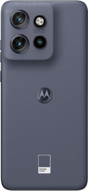 Telefon Motorola, widok z tyłu. Niebieski kolor z logo Motorola i trzema aparatami. Etykieta koloru Pantone.