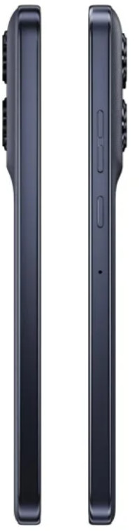 Dwa widoki boczne ciemnoniebieskiego telefonu. Prawa strona ma przyciski, lewa jest gładka.