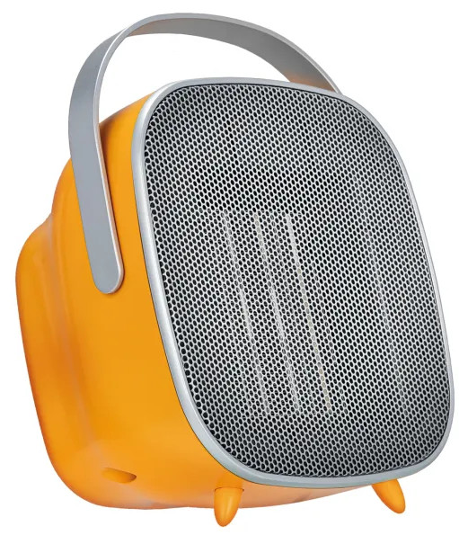 Pomarańczowy przenośny grzejnik ze srebrnym uchwytem i metalowym frontem z siatki.