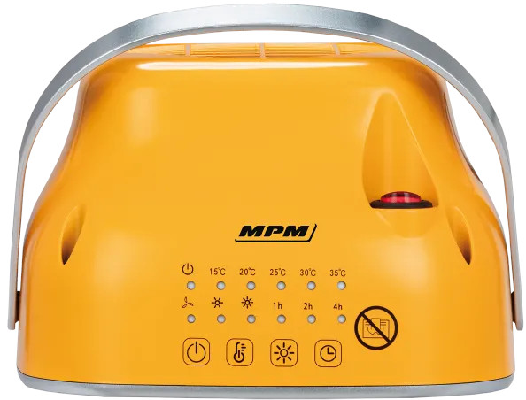 Pomarańczowy grzejnik z ustawieniami temperatury i uchwytem, ze znakiem zakazu palenia, białe tło.