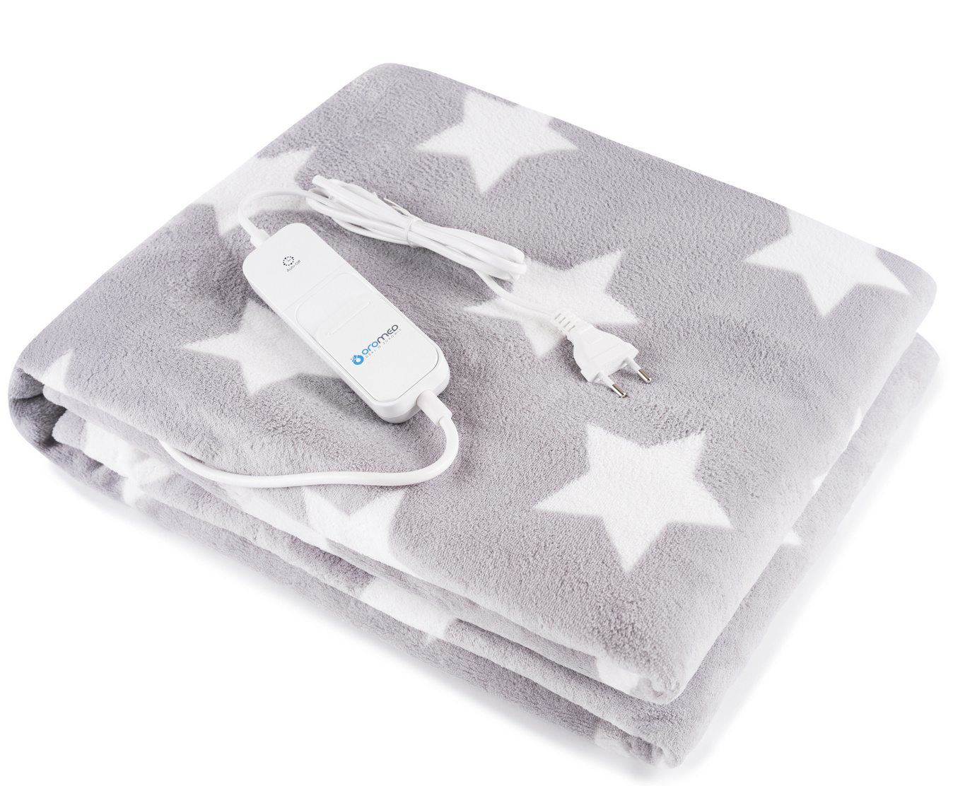 Szary koc elektryczny z białymi gwiazdami, złożony na białej powierzchni.