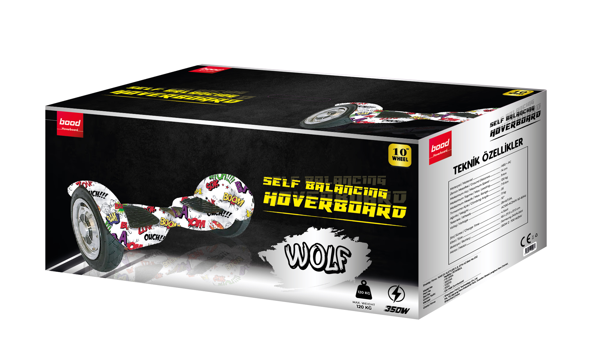 Renkli tasarıma ve 'WOLF' hoverboard grafiğine sahip bir hoverboard kutusu.