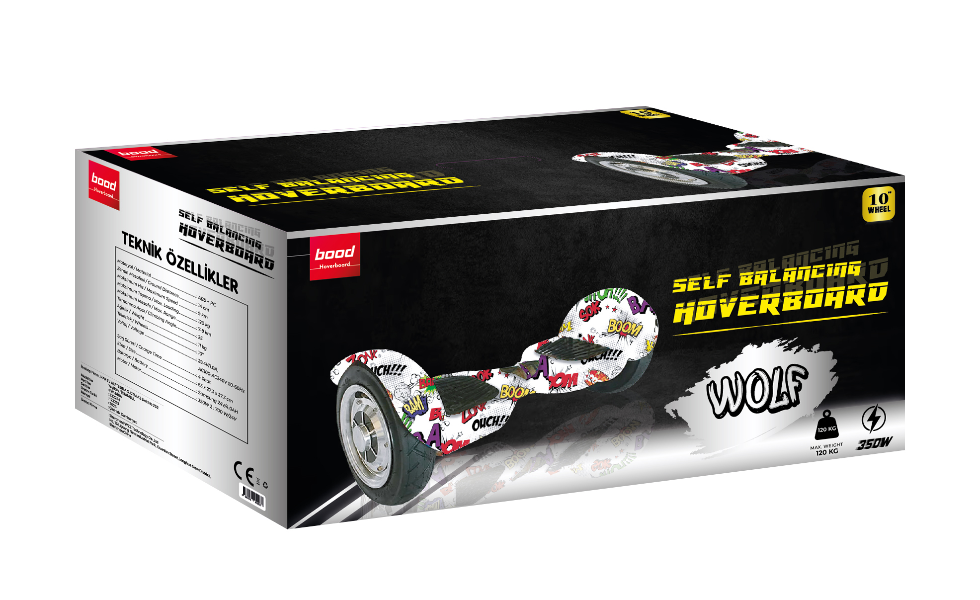 Grafiti tasarımlı bir hoverboard gösteren, metin ve grafiklere sahip hoverboard kutusu.