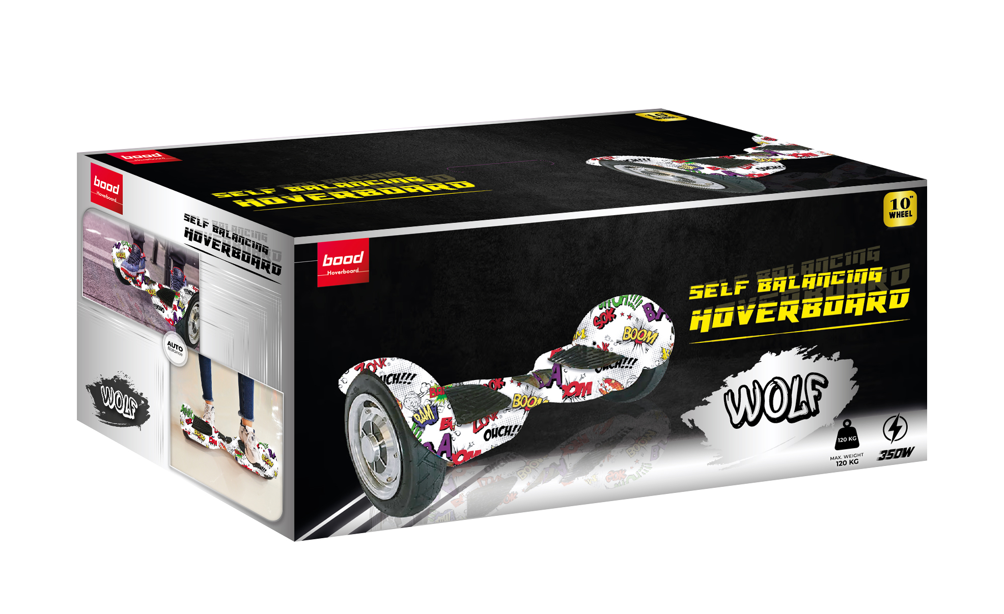 Hoverboard kutusu, Wolf markası, renkli tasarım. Beyaz arka plan.