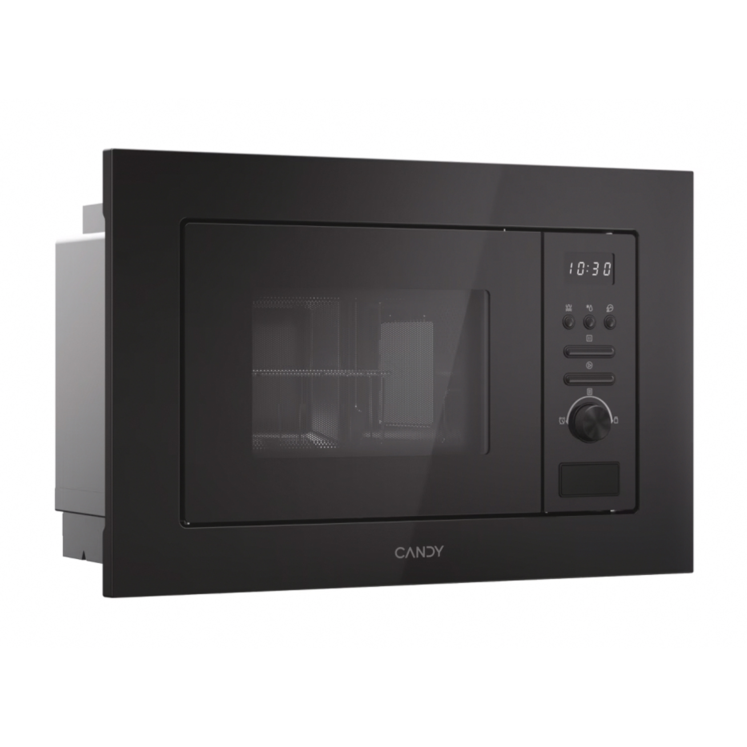 Forno a microonde nero integrato in un telaio. Il display digitale mostra 10:30.