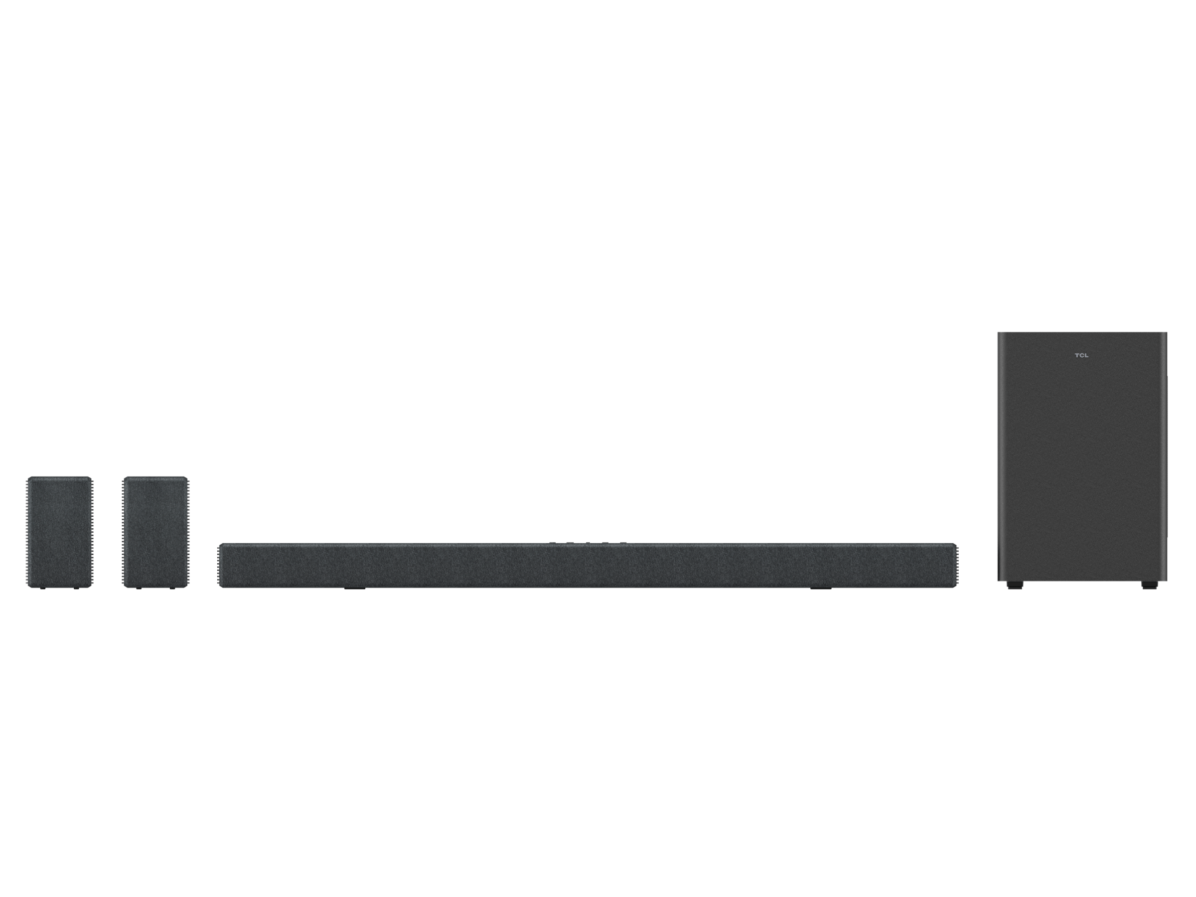 Siyah bir arka plan üzerinde iki hoparlör ve bir subwoofer içeren koyu gri bir soundbar.