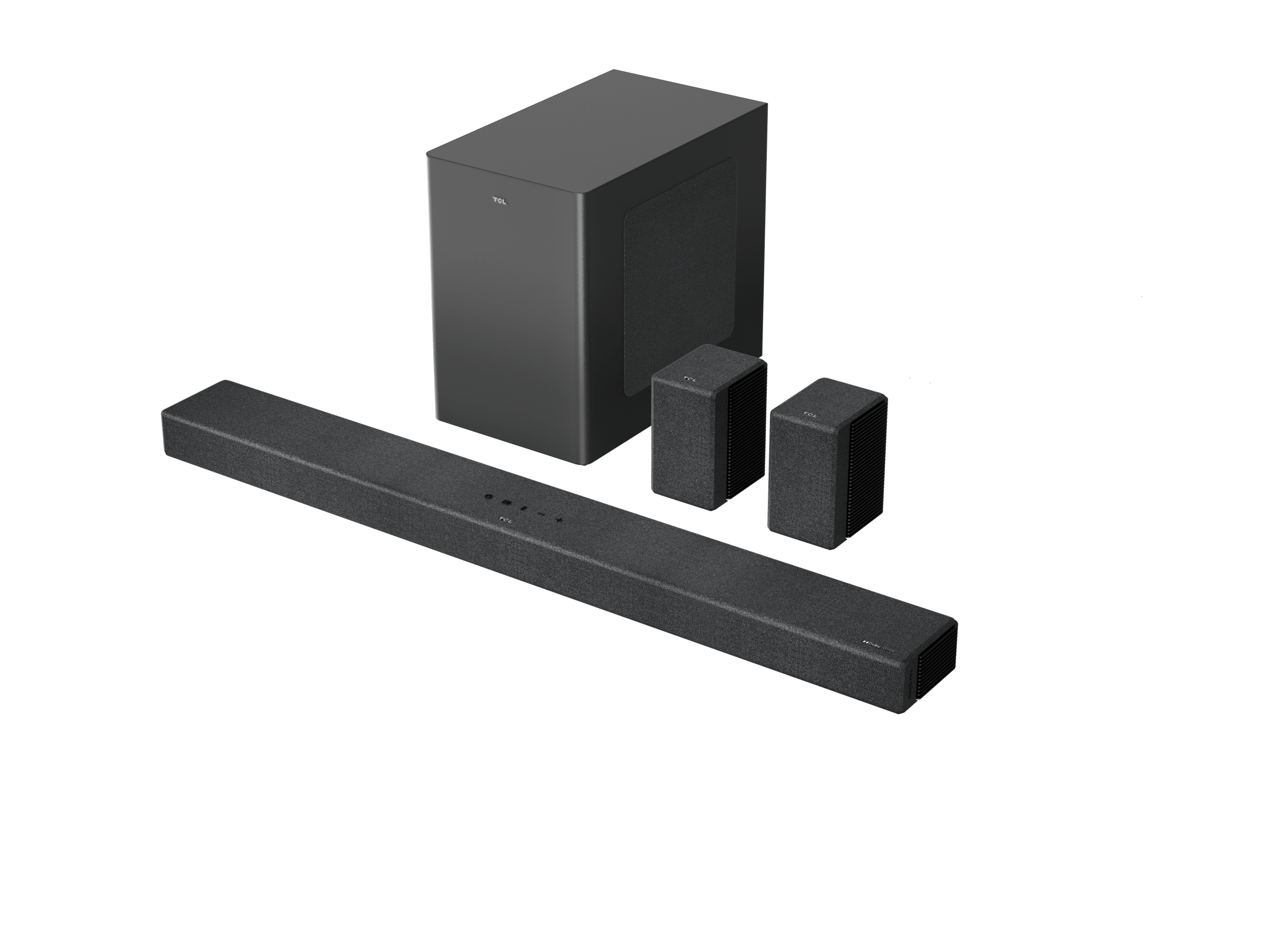 Siyah bir soundbar, subwoofer ve iki uydu hoparlörü siyah bir arka plan üzerinde, açılı görünüm.