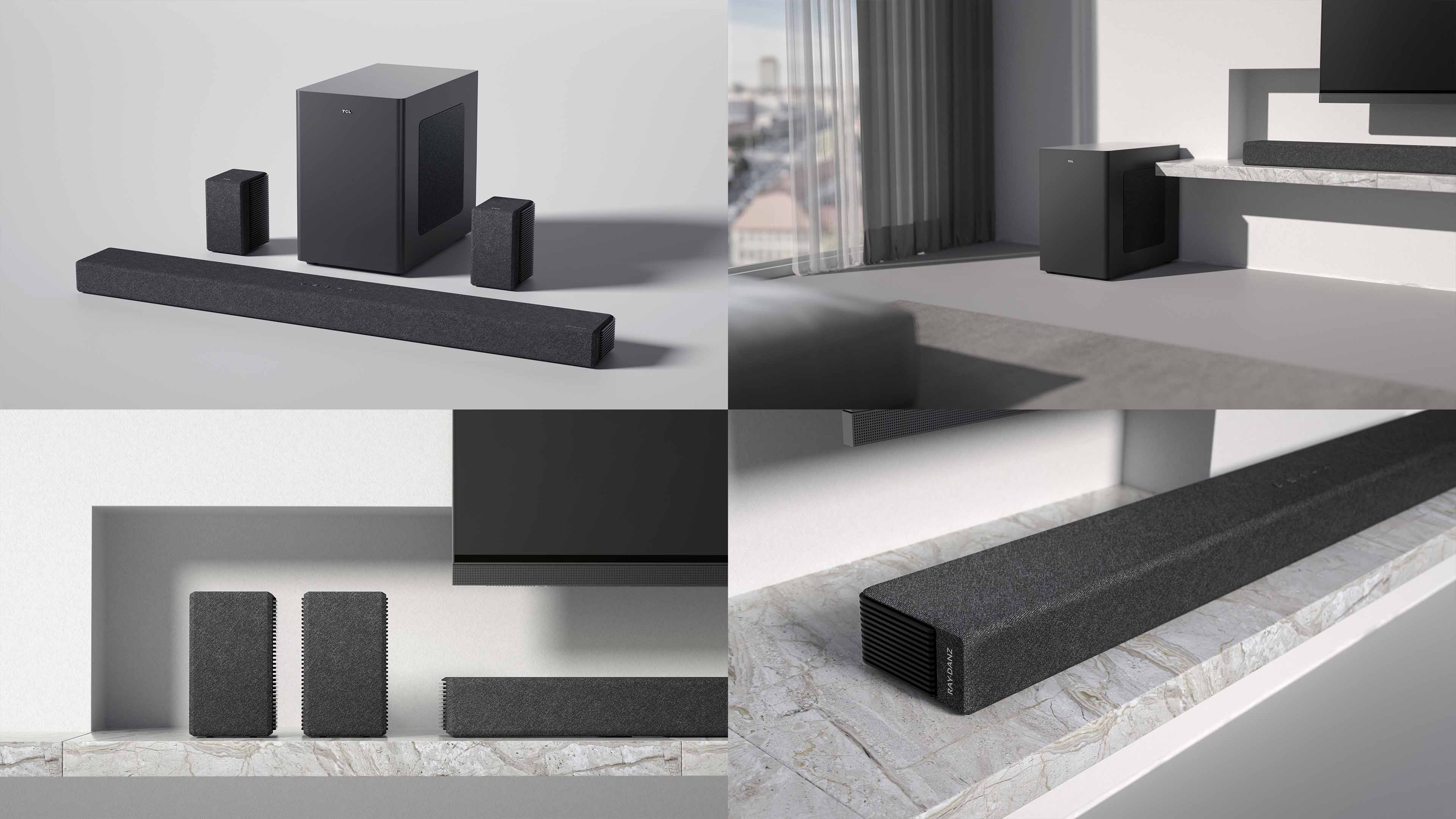 Çeşitli ortamlarda küçük hoparlörlerle siyah bir soundbar ve subwoofer seti.
