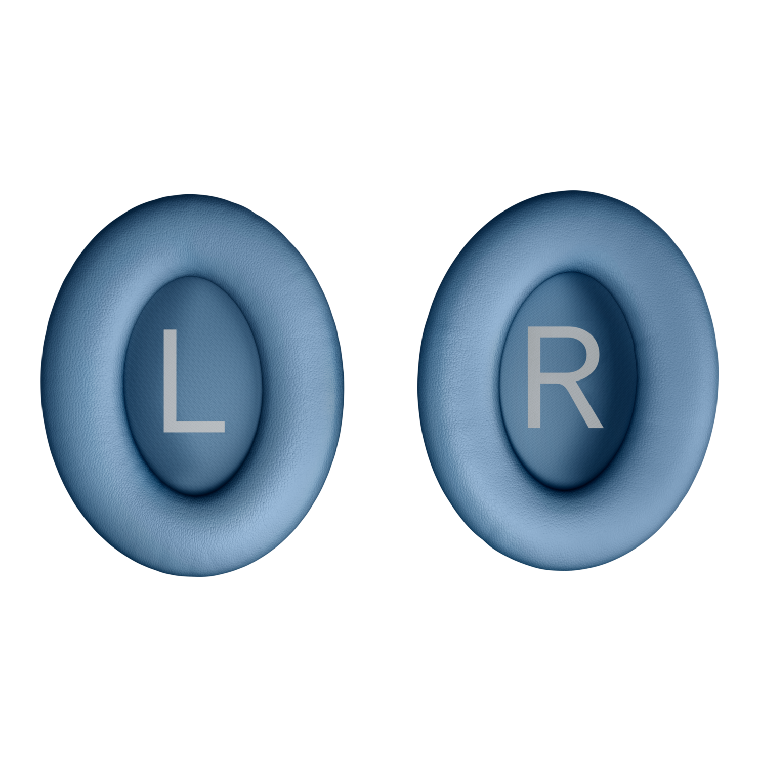 Two light blue ear cushions, with 'L' and 'R' markings, for headphones, on black background.