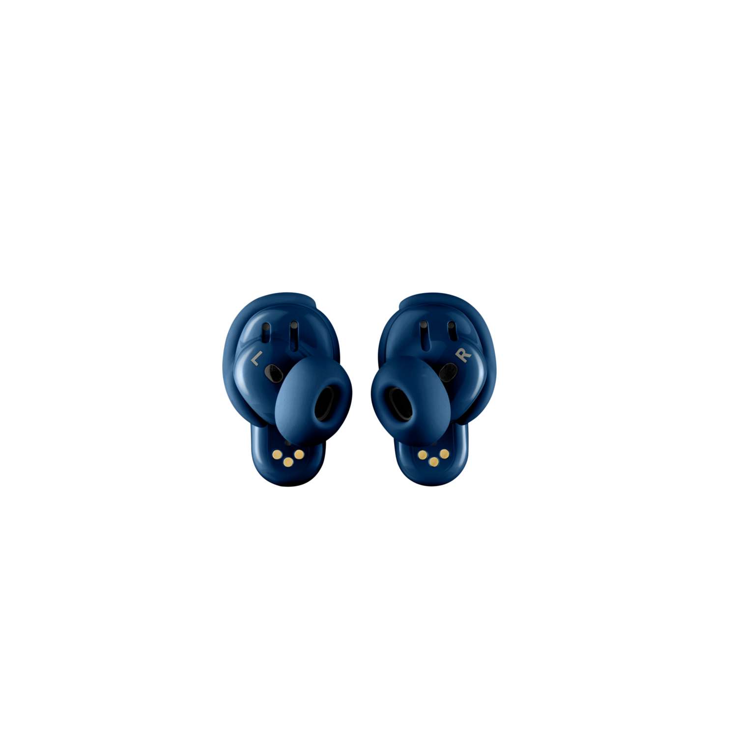 Two dark blue wireless earbuds, showing the earpiece with L and R markings.