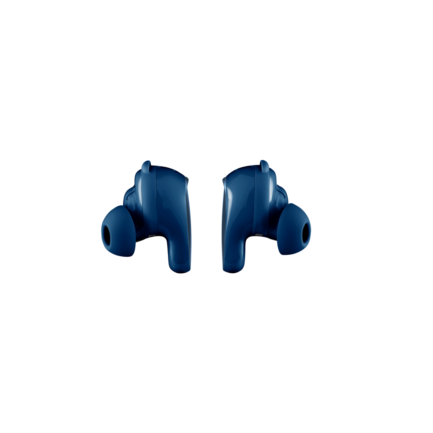 Two blue earbuds, isolated against a black background. They are facing each other with the tips up.