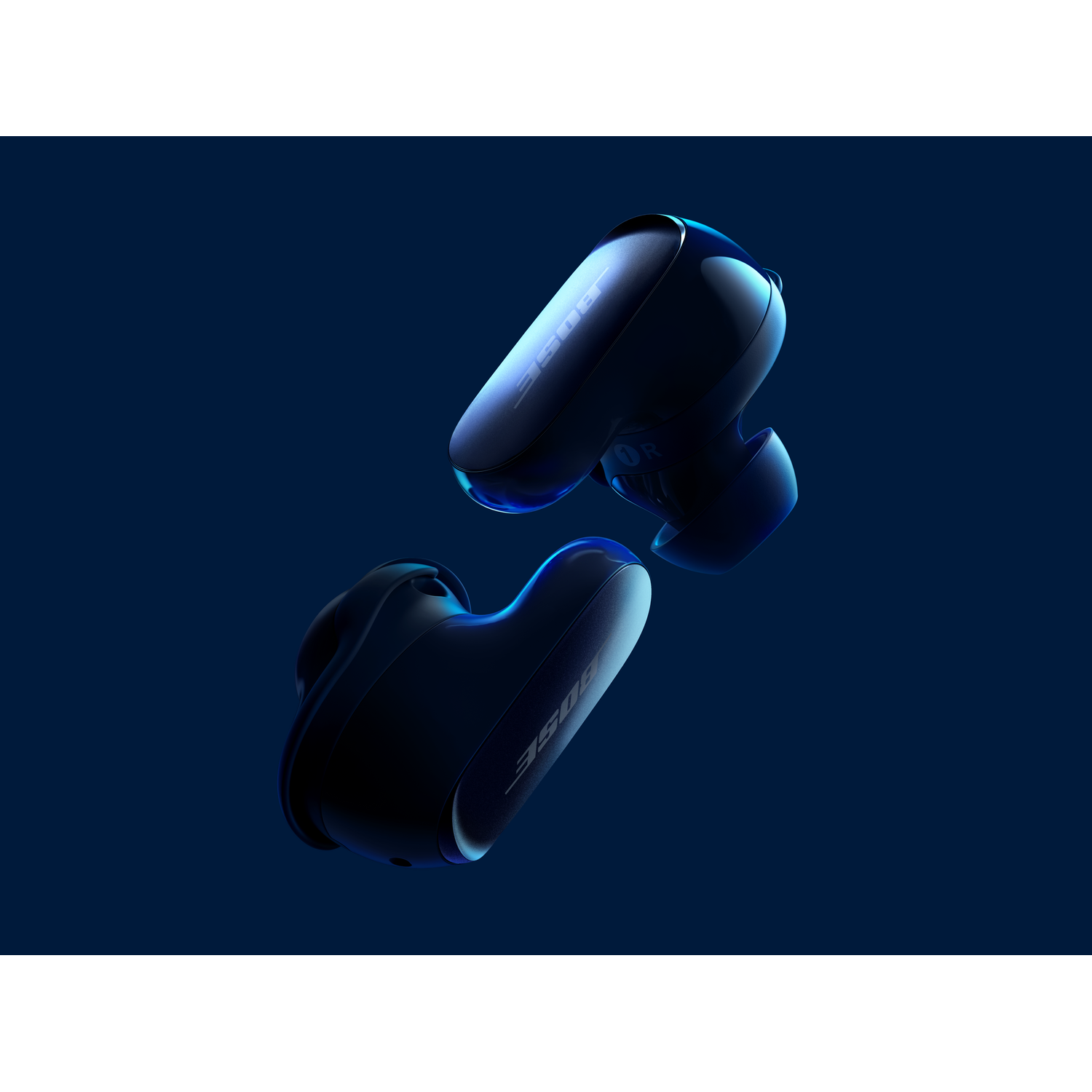Two dark blue wireless earbuds floating on a dark blue background. The Bose logo is visible.