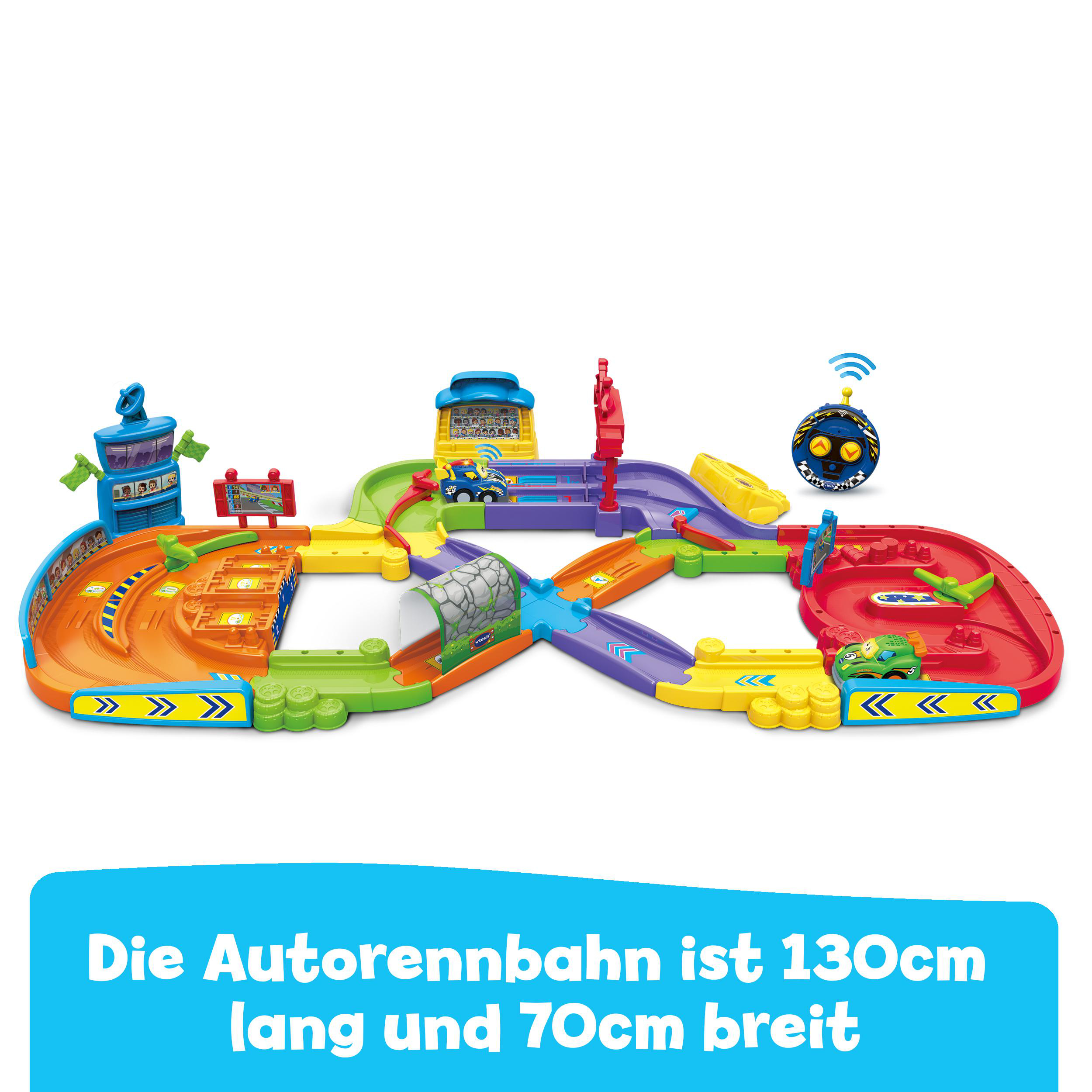 Bunte Spielzeug-Rennstrecke mit Autos. Die Strecke hat die Form einer Acht.