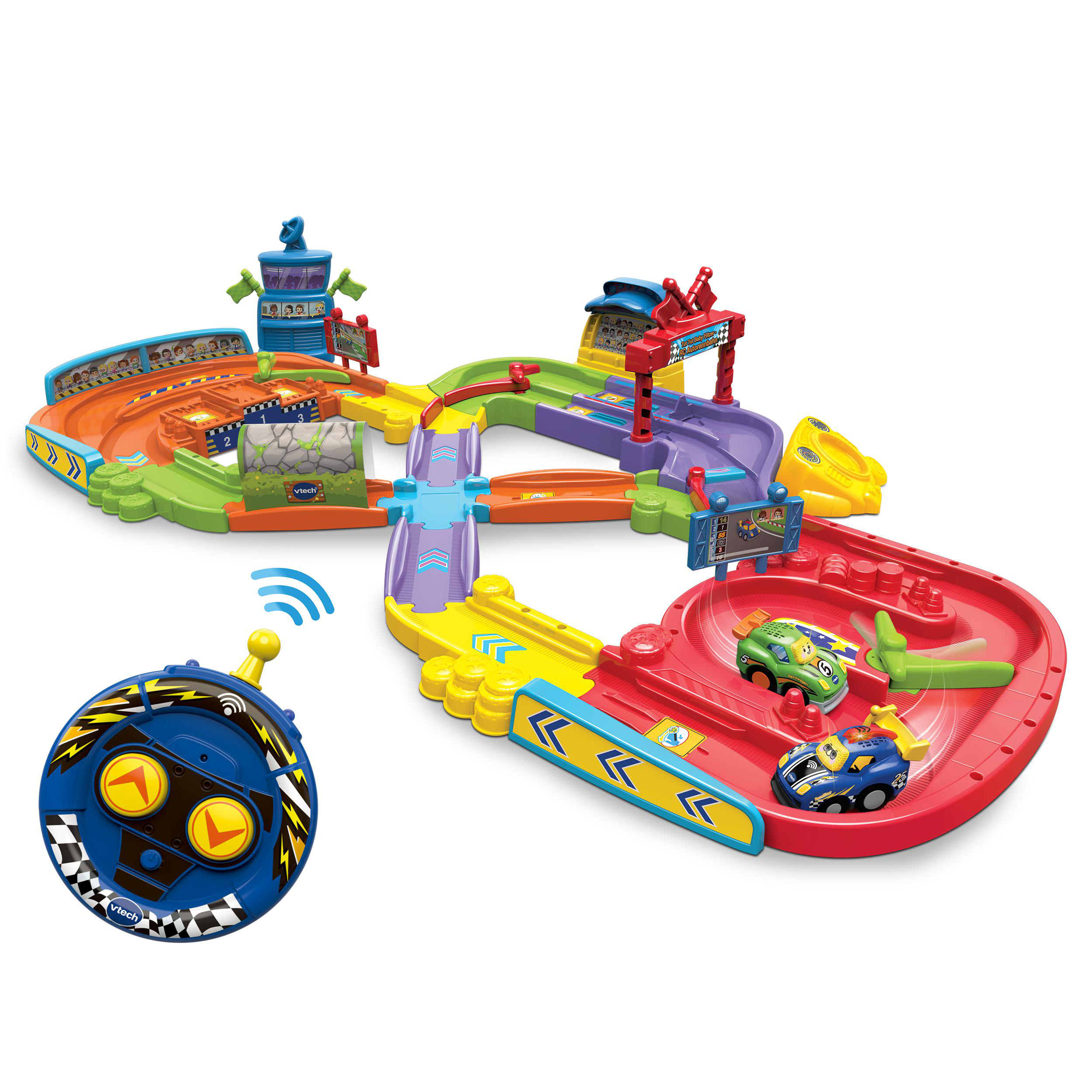 Eine bunte Spielzeug-Rennstrecke mit drei Spielzeugautos und einer Fernbedienung.