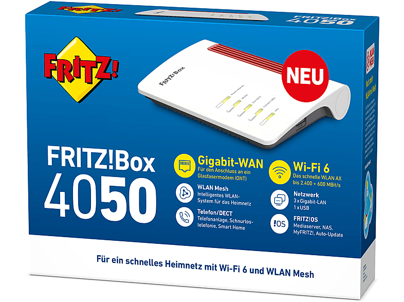 AVM FRITZ!Box 4050 WLAN Router, Wi-Fi 6, 2400 MBit/s + 1.732 MBit/s, MIMO, 3x Gigabit-LAN, IPv6, Mesh, DECT, Weiß — Foto 4 von 4