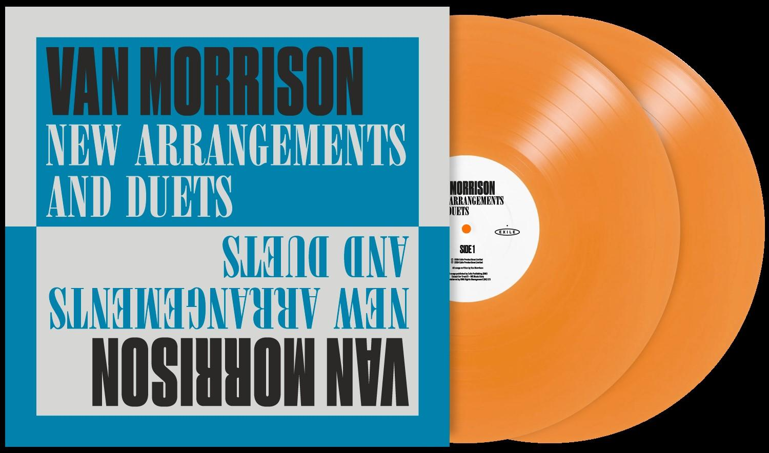 Zwei orangefarbene Schallplatten und Albumcover. Albumtitel: 'New Arrangements And Duets' von Van Morrison.