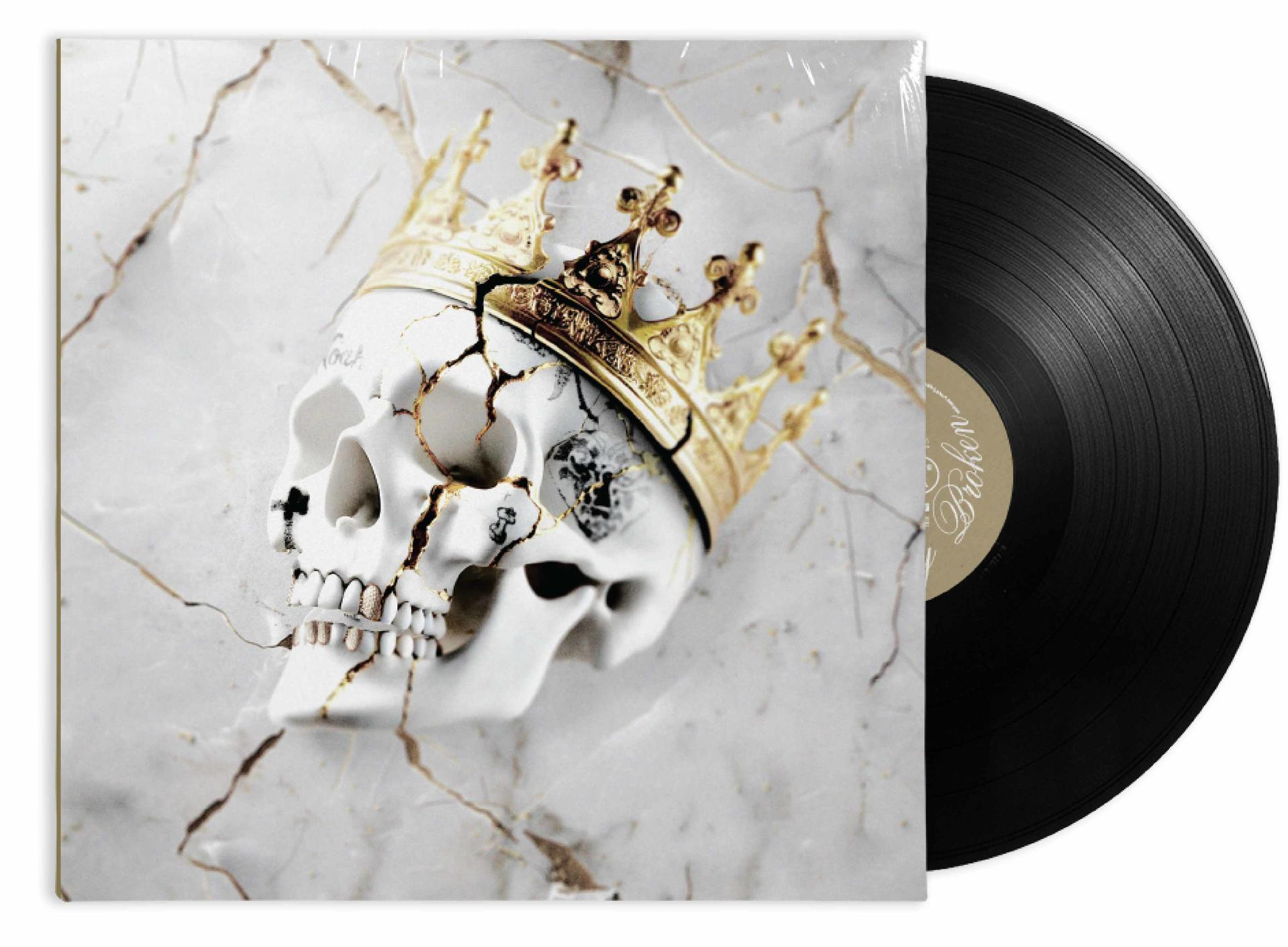 Vinyl-Schallplattenhülle mit Schädel- und Kronen-Design. Geknackter Schädel mit goldener Krone.