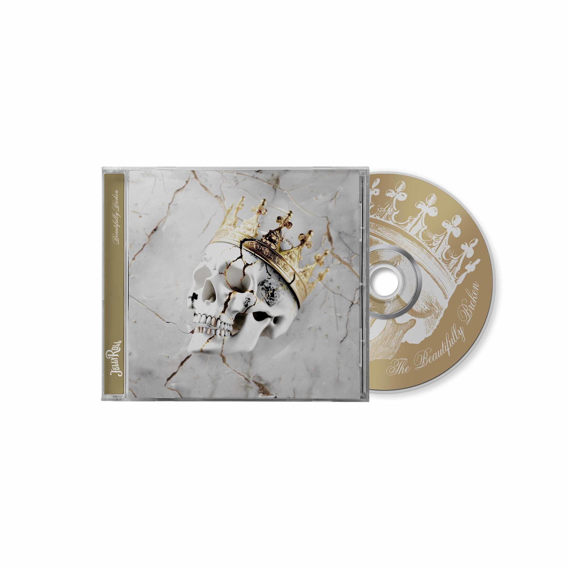 CD-Hülle mit gekröntem Schädel und goldener CD. Titel: The Beautifully Broken.
