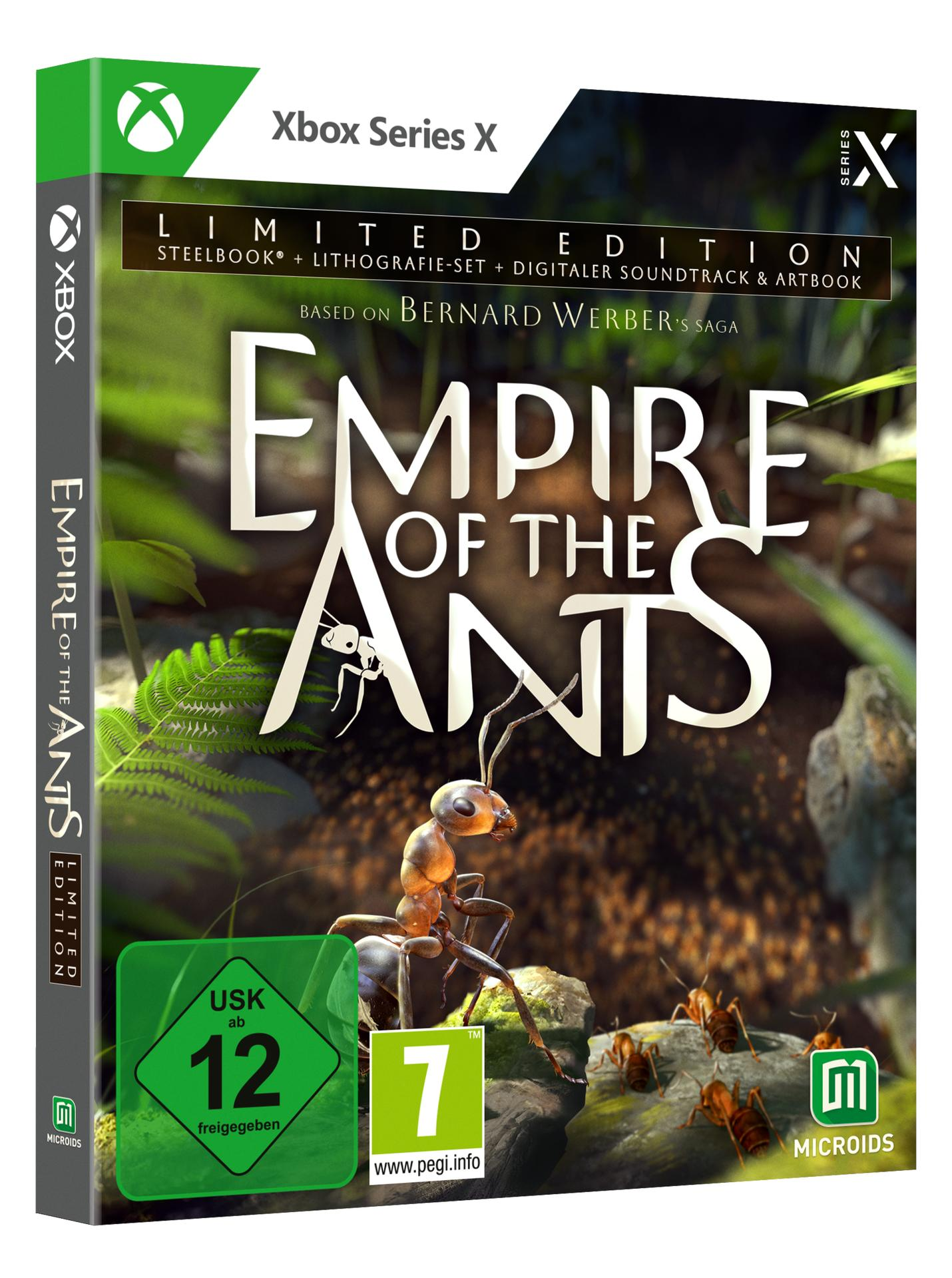 Videospielbox für 'Empire of the Ants'. Zeigt eine Ameise auf dem Cover und das Xbox Series X-Logo.