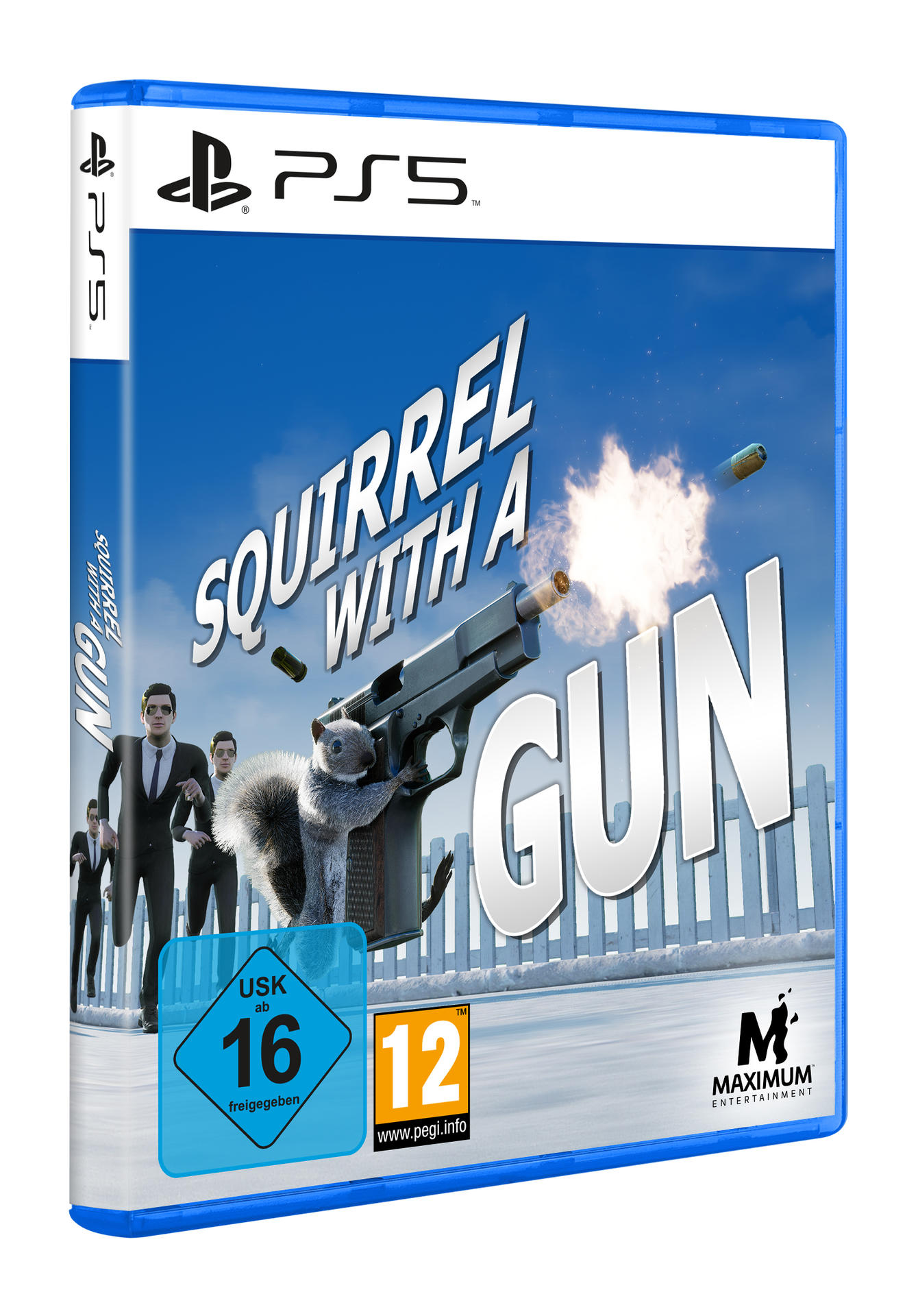 Eine PS5-Spielbox mit dem Titel 'Squirrel with a Gun', mit blauem Gehäuse und einem Eichhörnchen mit einer Pistole.