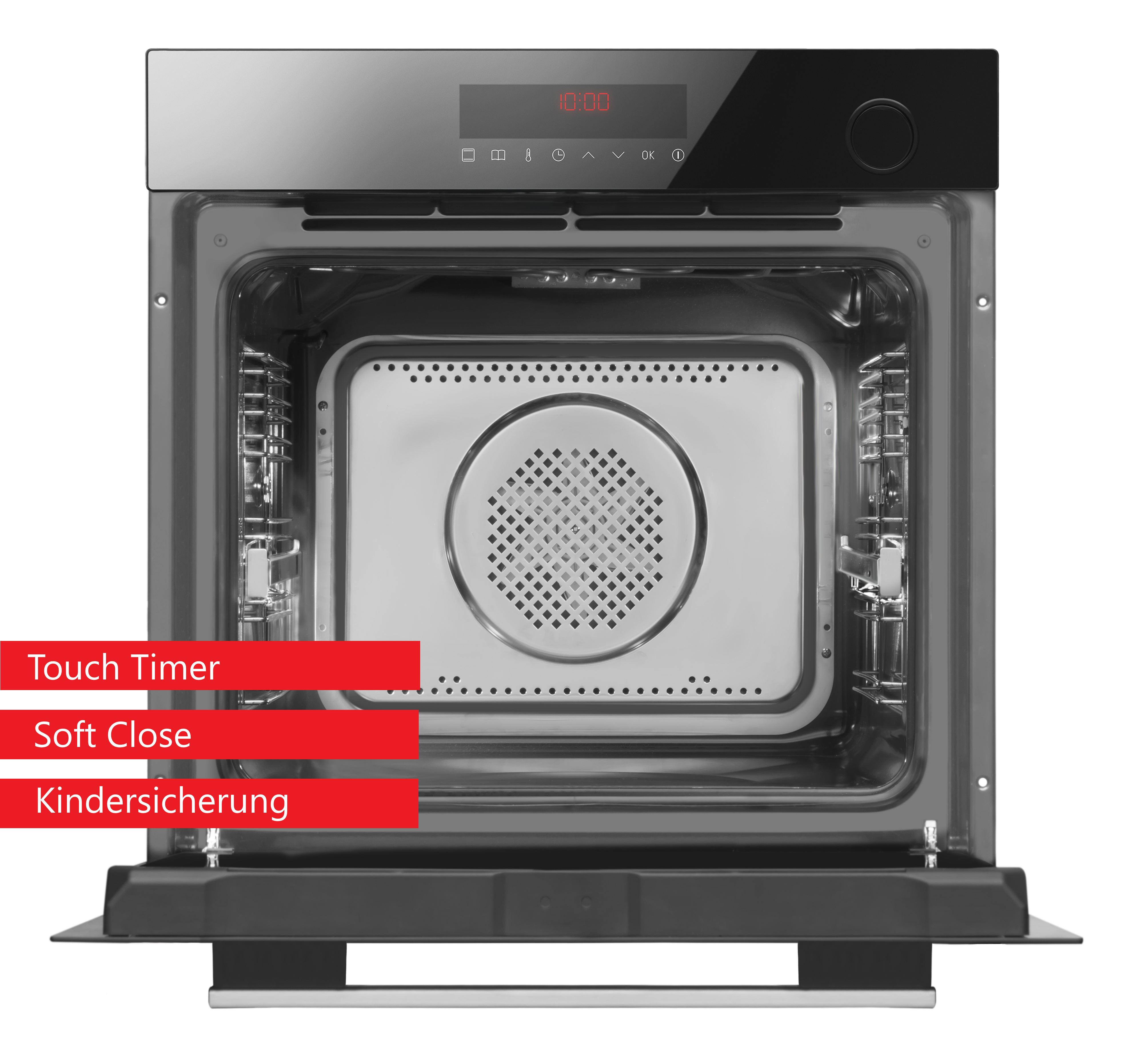 Ein offener Ofen mit angezeigtem Timer. Die Wörter Touch-Timer, Soft Close und Kindersicherung sind beschriftet.