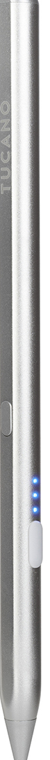 Un stylet argenté avec un indicateur lumineux bleu. Le stylet est élégant et moderne.