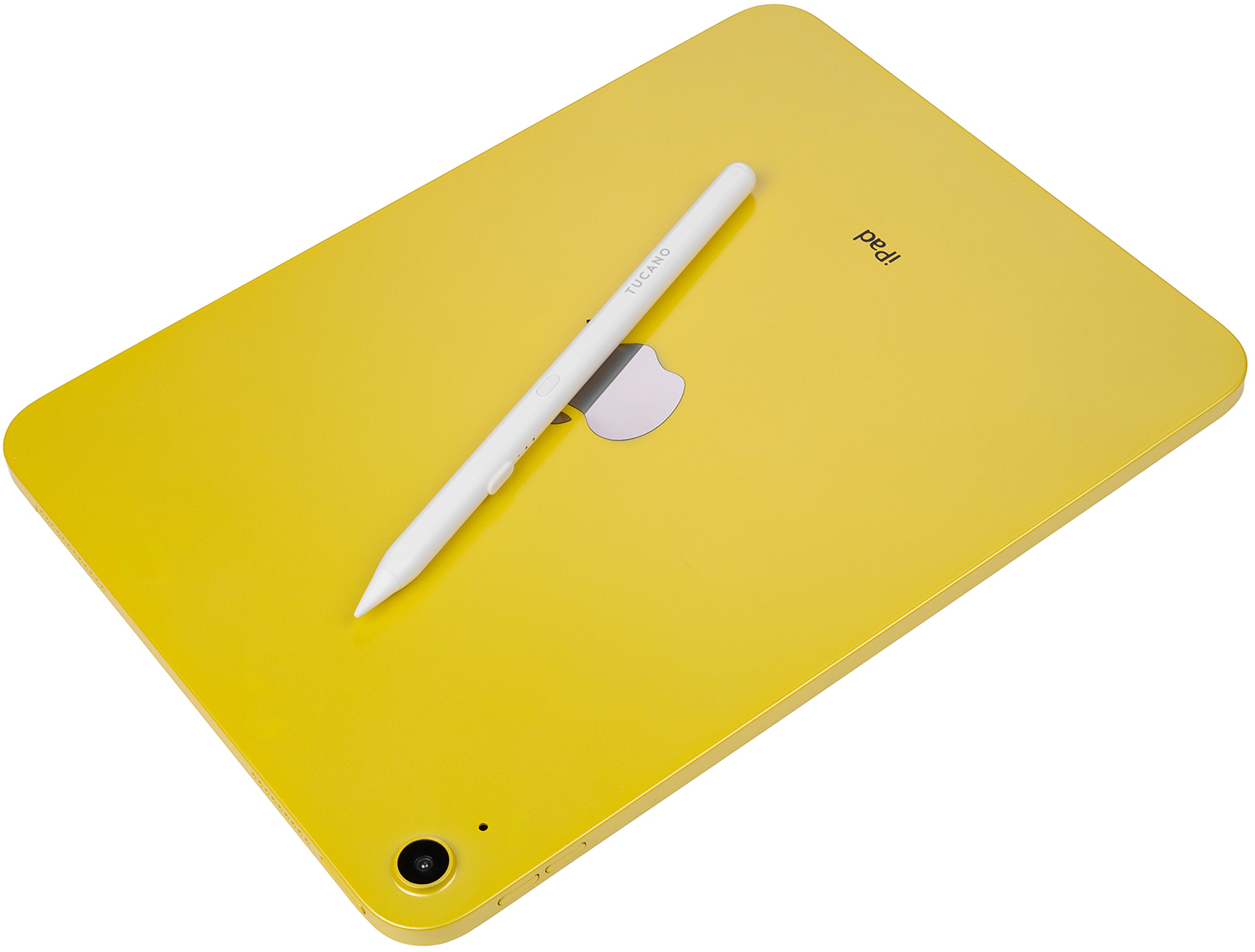 iPad jaune avec un stylet blanc. Le stylet est sur la tablette, et le logo Apple est visible.