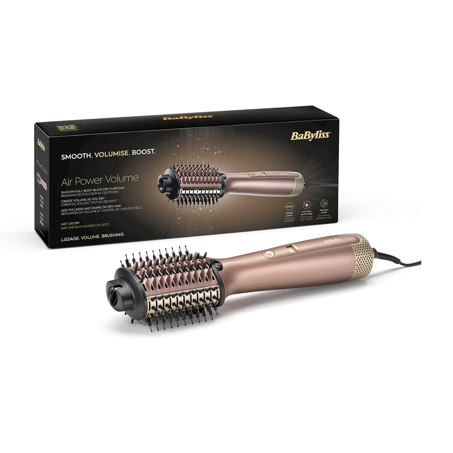 Una spazzola per lo styling dei capelli Babyliss Air Power Volume. È su una superficie bianca con una scatola.
