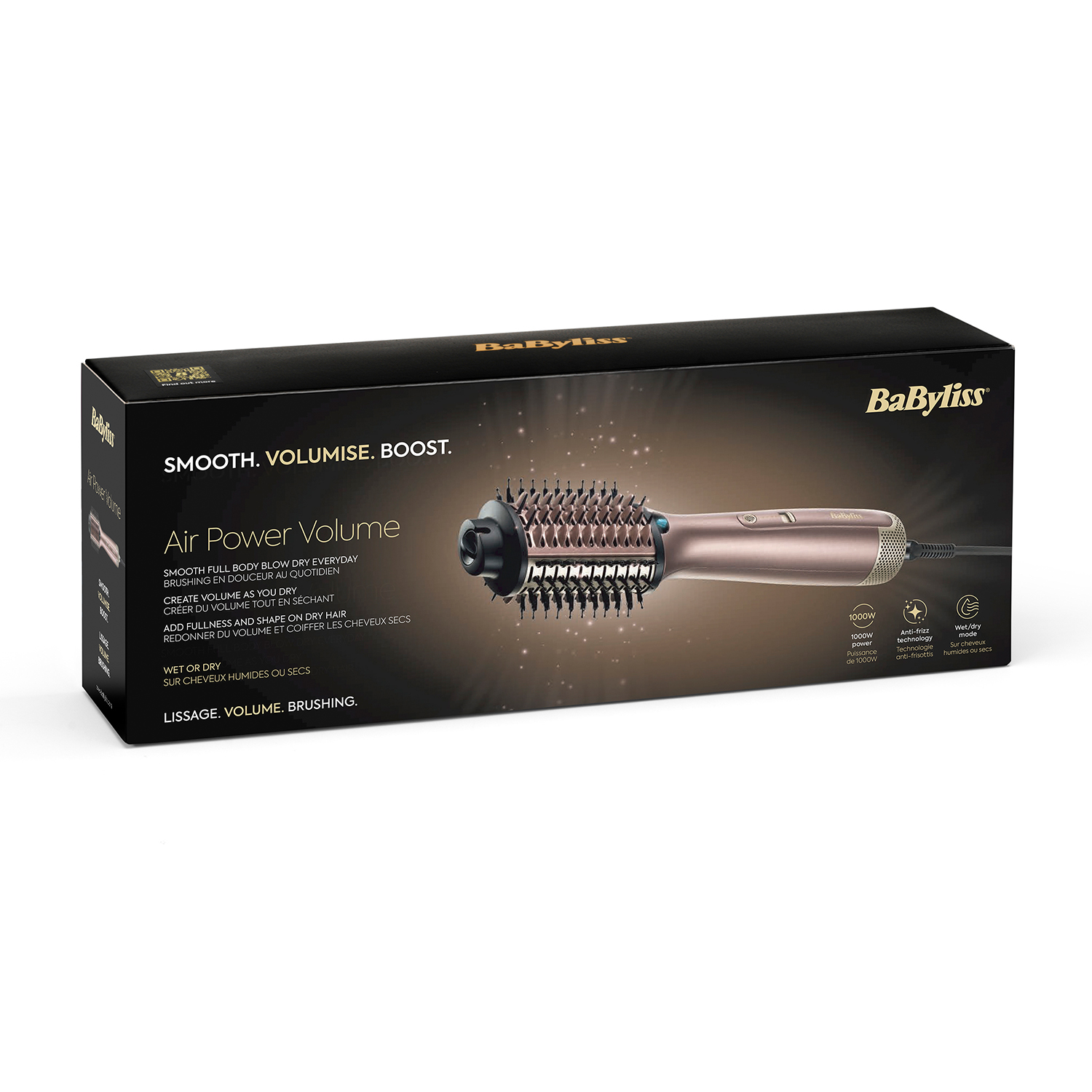 Scatola per spazzola per capelli con testo e immagine della spazzola.