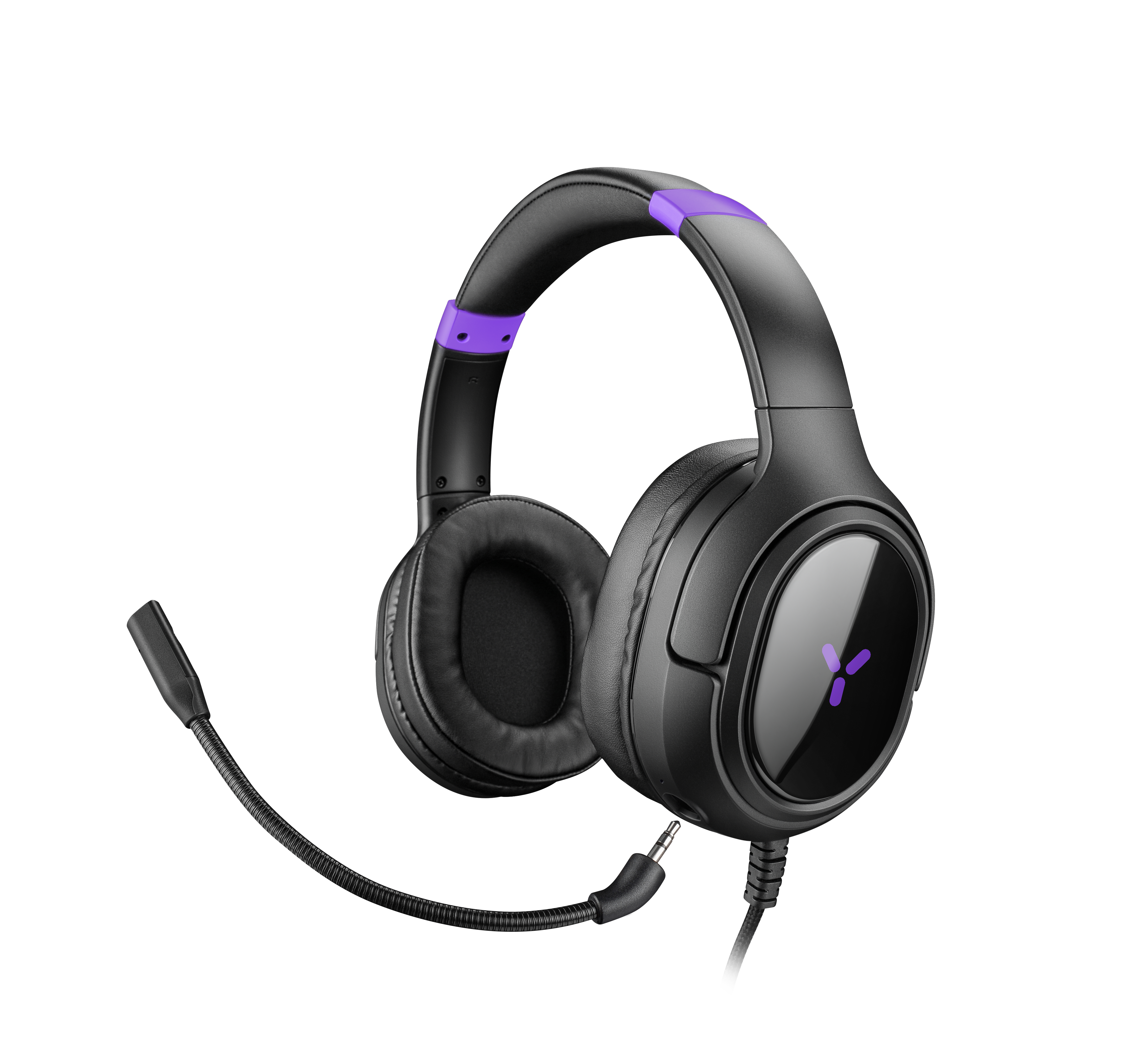 Schwarzes Gaming-Headset mit lila Akzent und Mikrofon. Weißer Hintergrund.