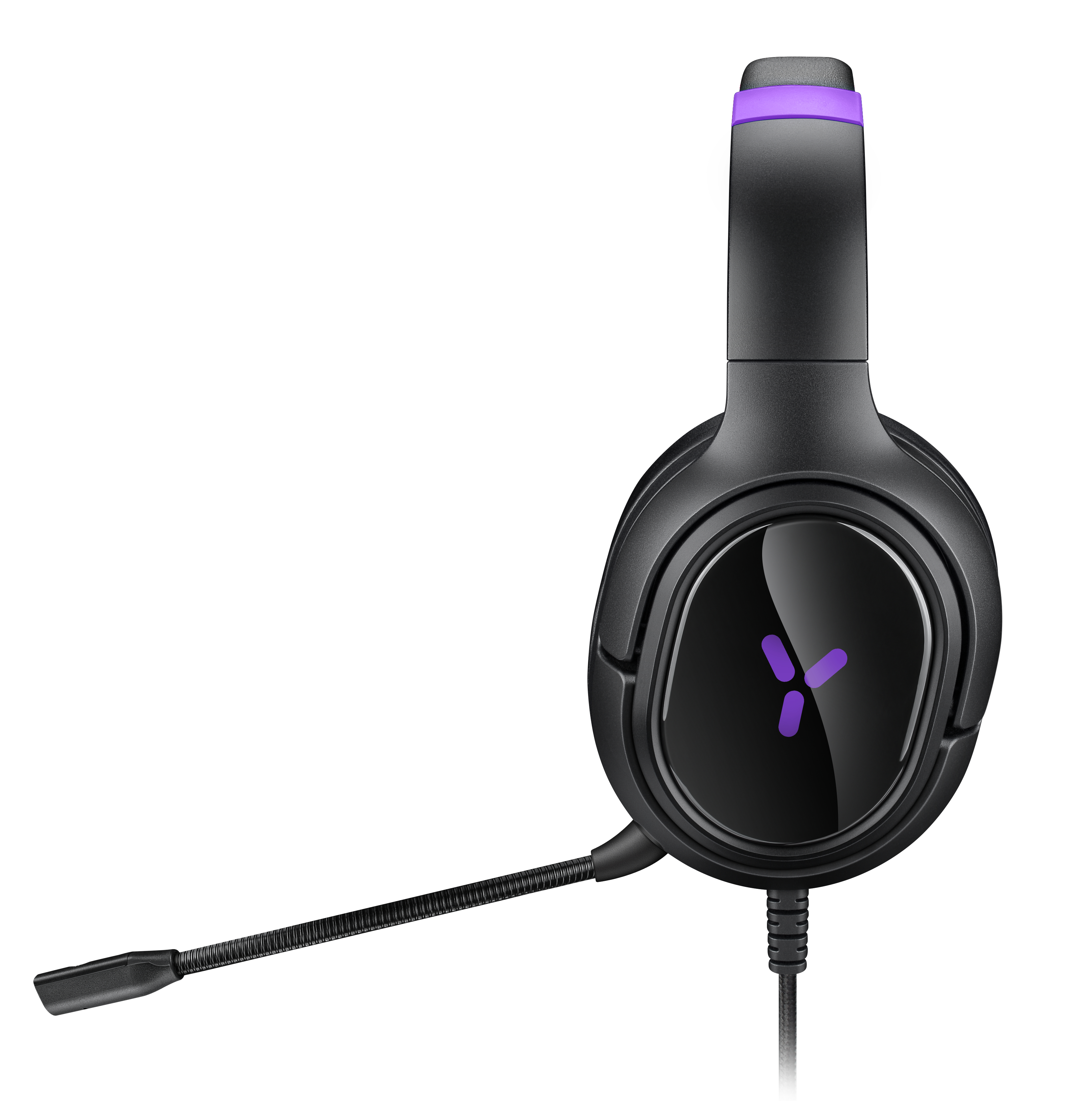 Schwarzes Headset mit lila Band und flexiblem Mikrofon.